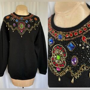 VTG 80s Hand Embellished Black Wool Sweater - M